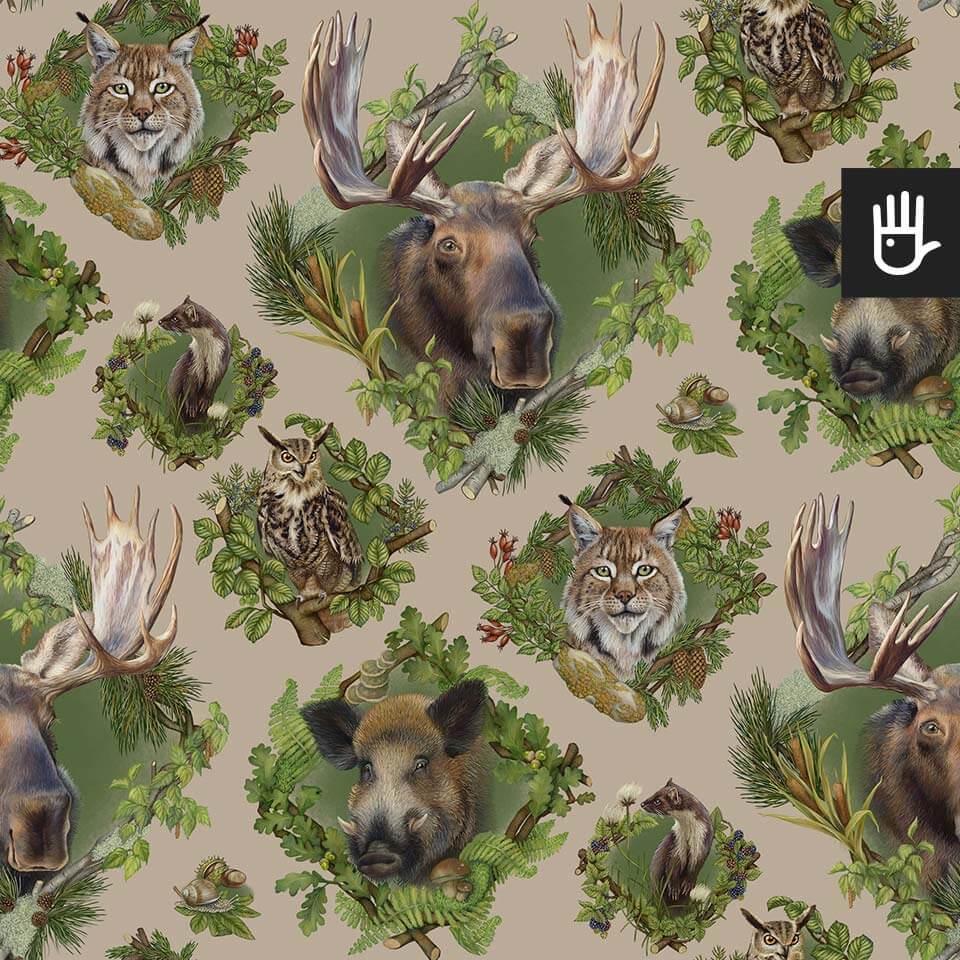 wzór tapety strażnicy lasu z leśnymi zwierzętami na beżowym tle