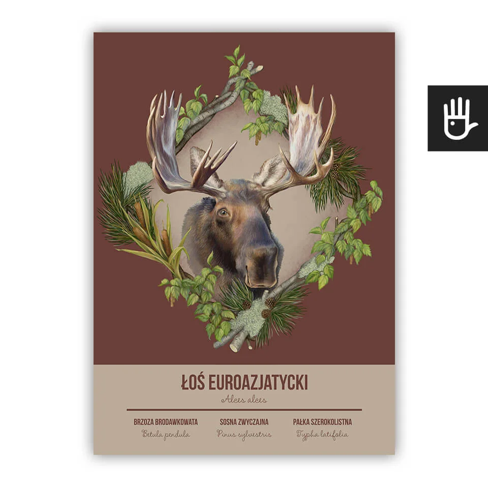 plakat poster łoś na bordowym tle