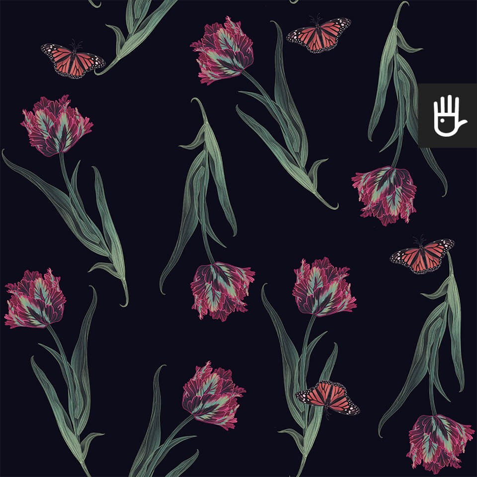 Tapeta Czarny Tulipan z kwiatami i motylami na czarnym tle