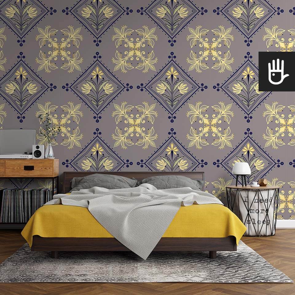 sypialnia w stylu retro z tapetą Kolorowy Rzym z granatowo-żółtym wzorem na tle w kolorze szarym