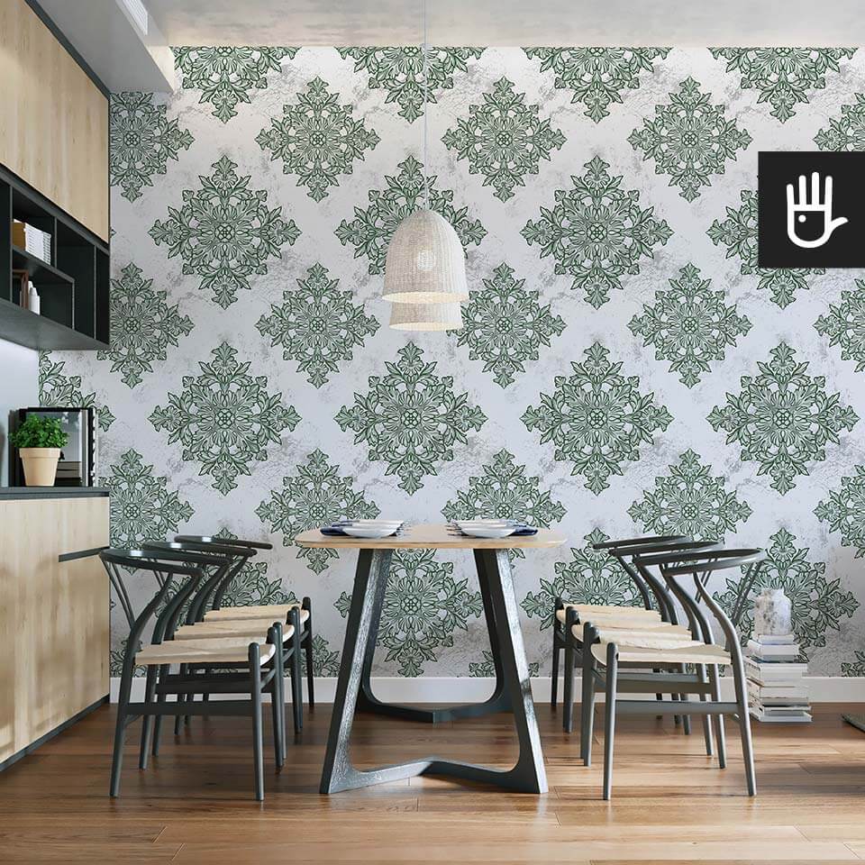 wnętrze kuchni z tapetą zielony Amsterdam z zielonym wzorem na jasnoszarym tle
