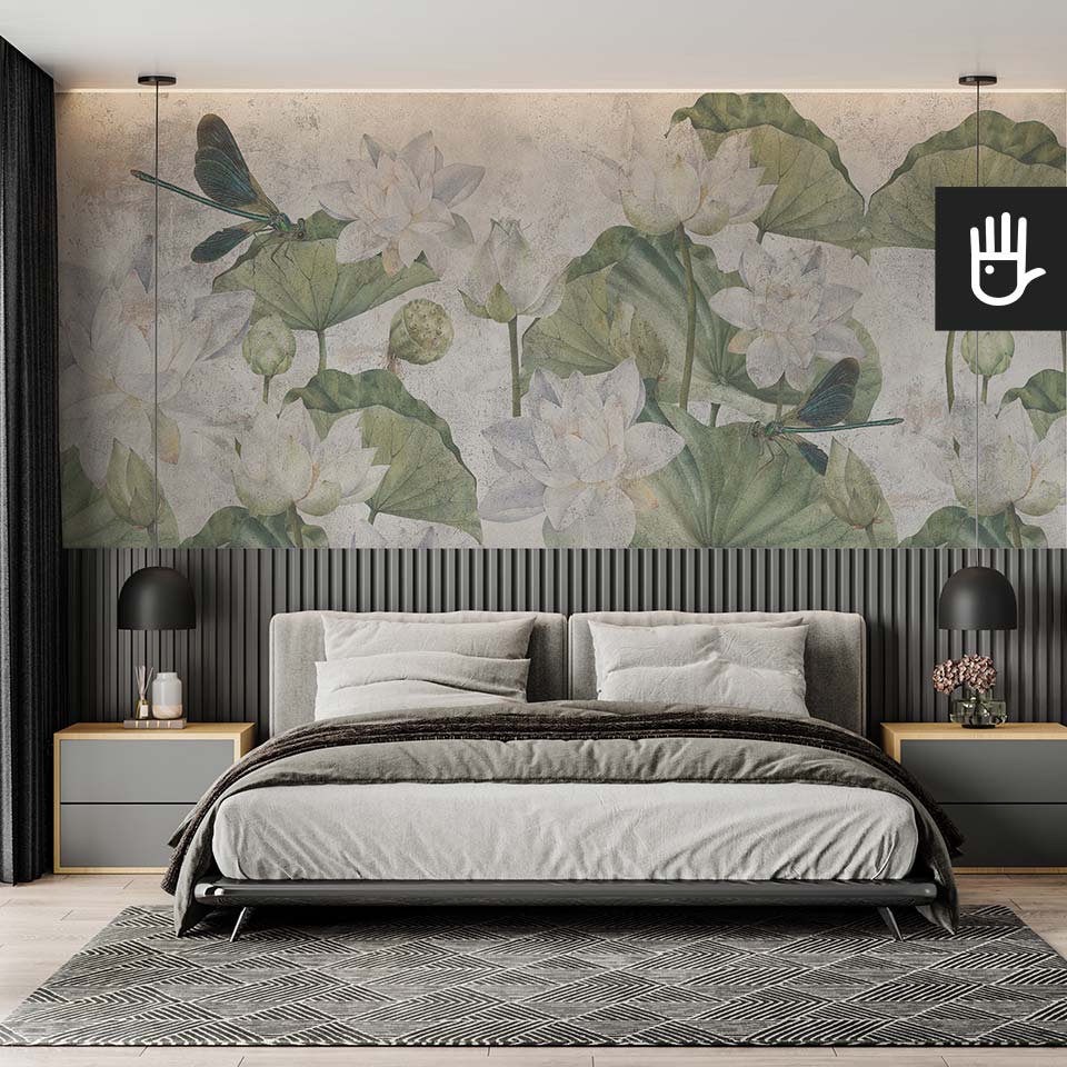 Nowoczesna sypialnia w japońskim stylu z fototapetą Lilie wodne z motywem natury