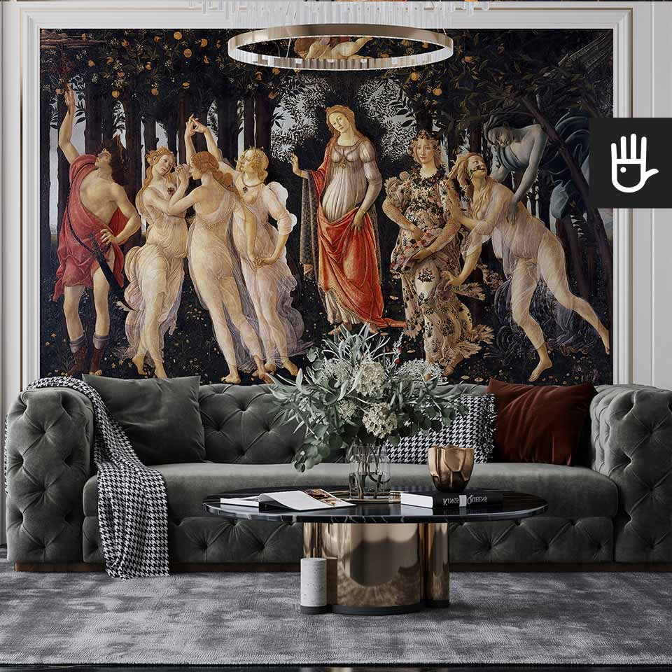 Elegancki salon z fototapetą Primavera z kolekcji reprodukcje autorstwa Sandra Botticellego.