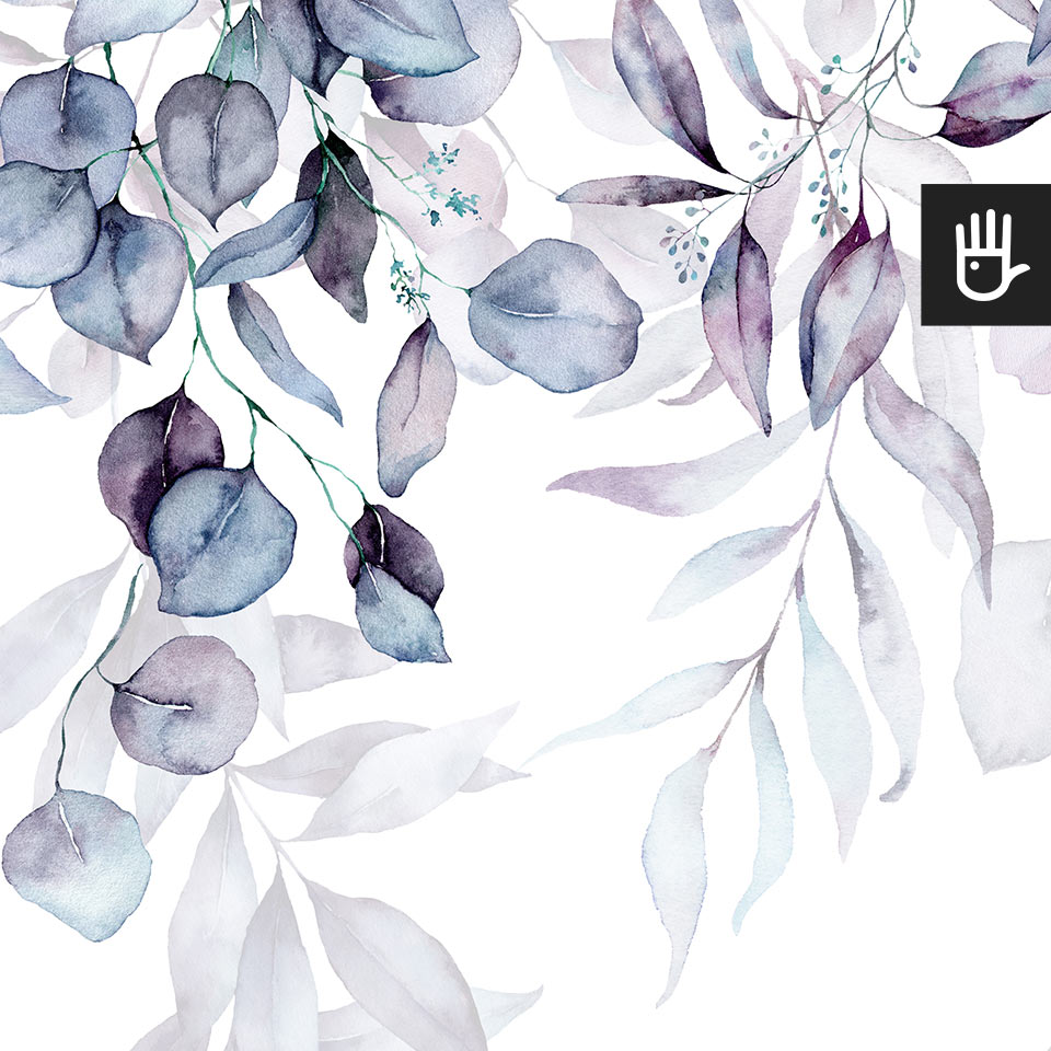 Detal akwarelowej ilustracji z niebieskimi listkami na fototapecie girlanda fioletów