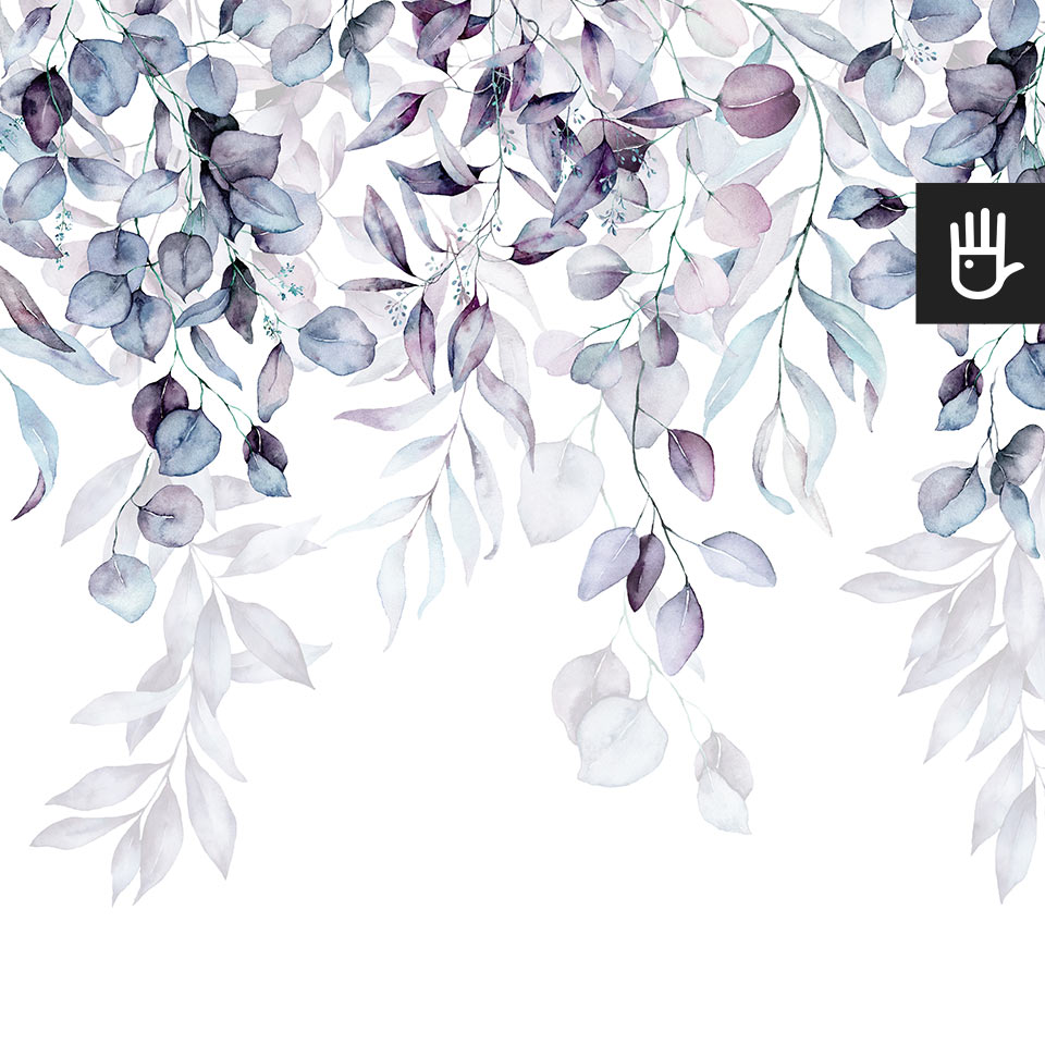 Fototapeta girlanda fioletów z niebieskimi akwarelowymi liśćmi na białym tle