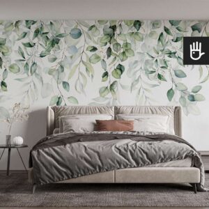 Fototapeta ścienna w liście w kolorze zielonym na ścianie w sypialni w stylu eko