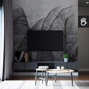 Fototapeta trawa pampasowa czarna na ścianie telewizyjnej w nowoczesnym salonie w stylu loft