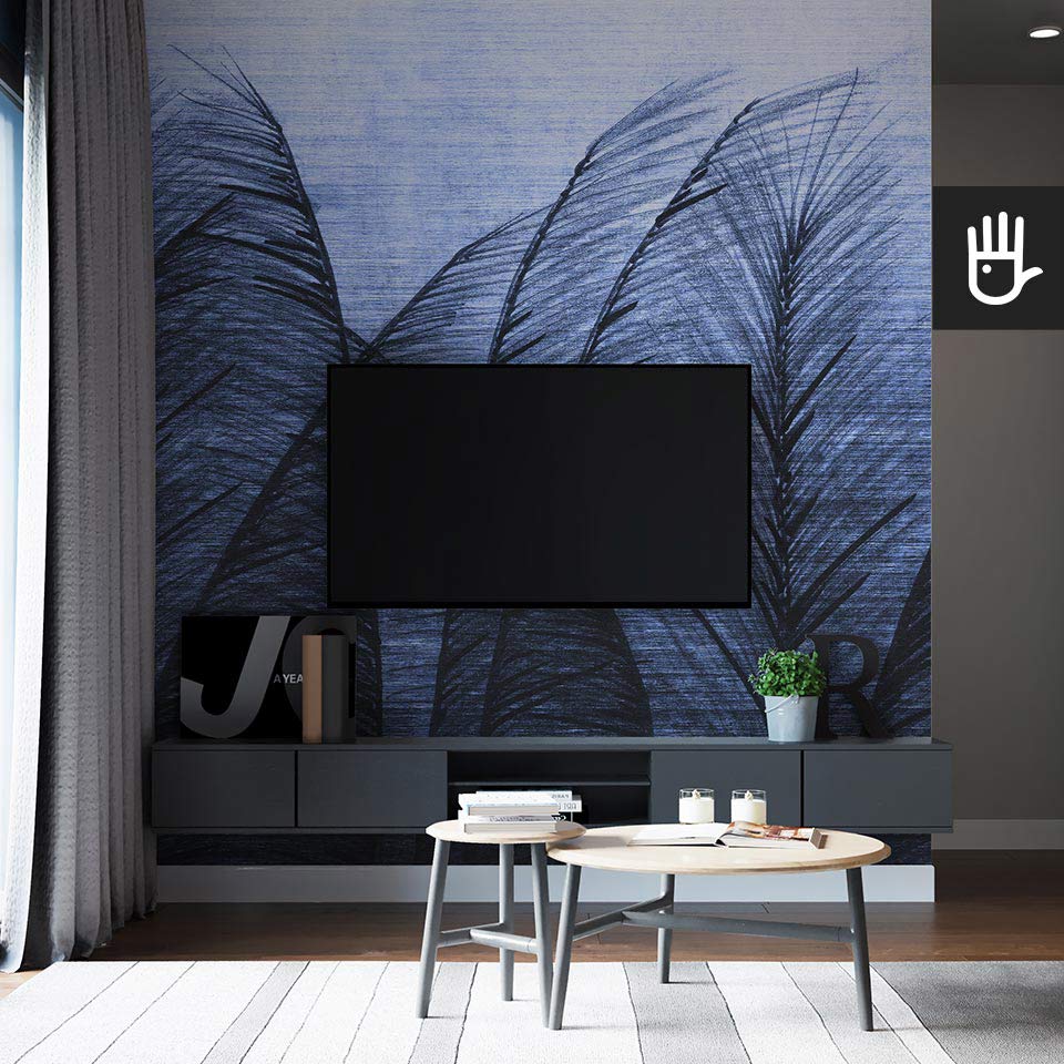 Fototapeta trawa pampasowa niebieska na ścianie telewizyjnej w nowoczesnym salonie w stylu loft