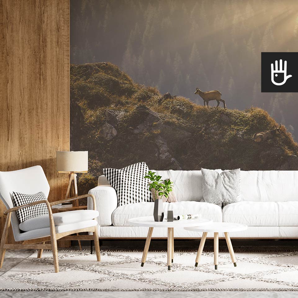 Przytulny salon w domku w górach z dekoracją ścienną, którą jest fototapeta Kosice górskie.