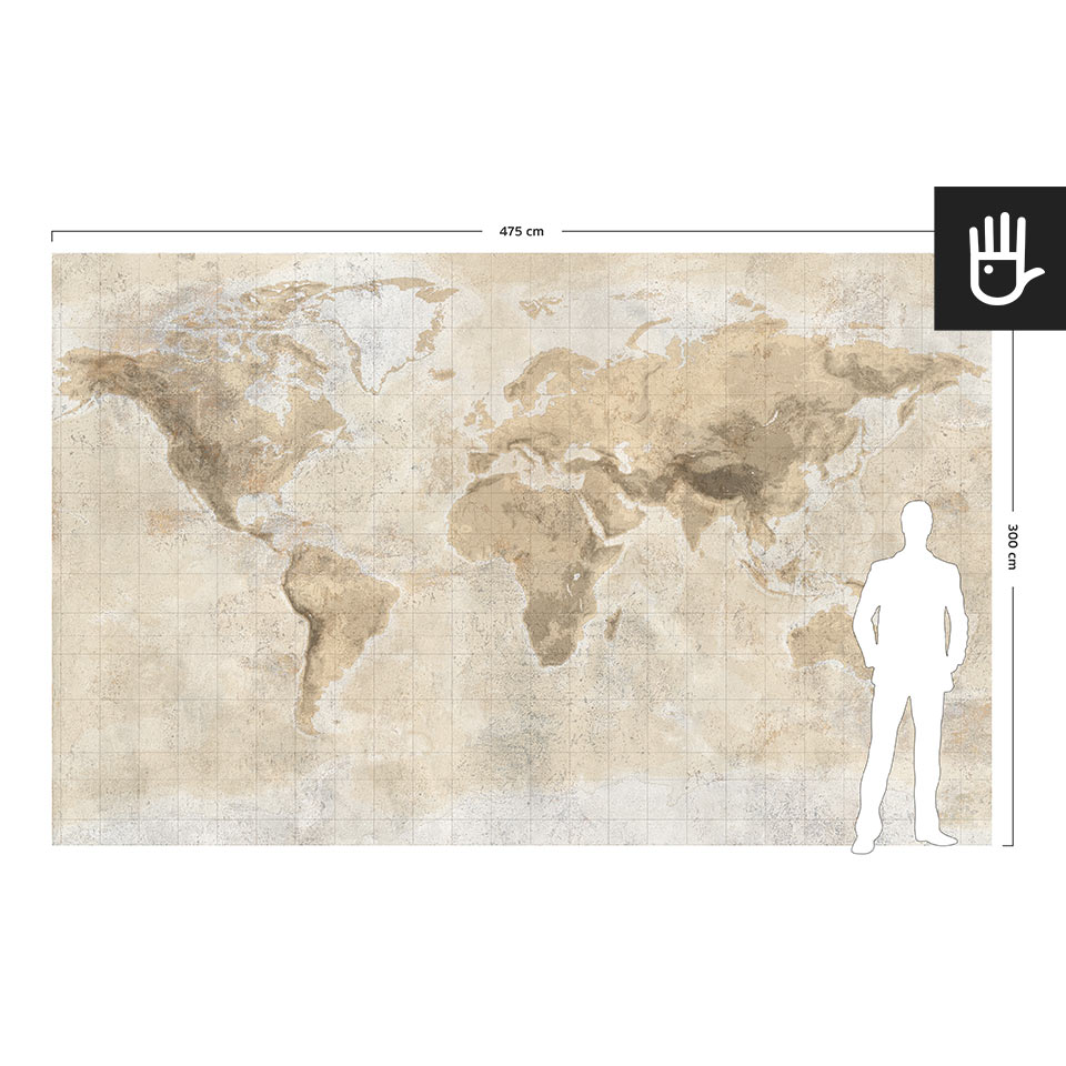 Wizualizacja skali fototapety ściennej mapa świata w porównaniu do postaci dorosłego człowieka