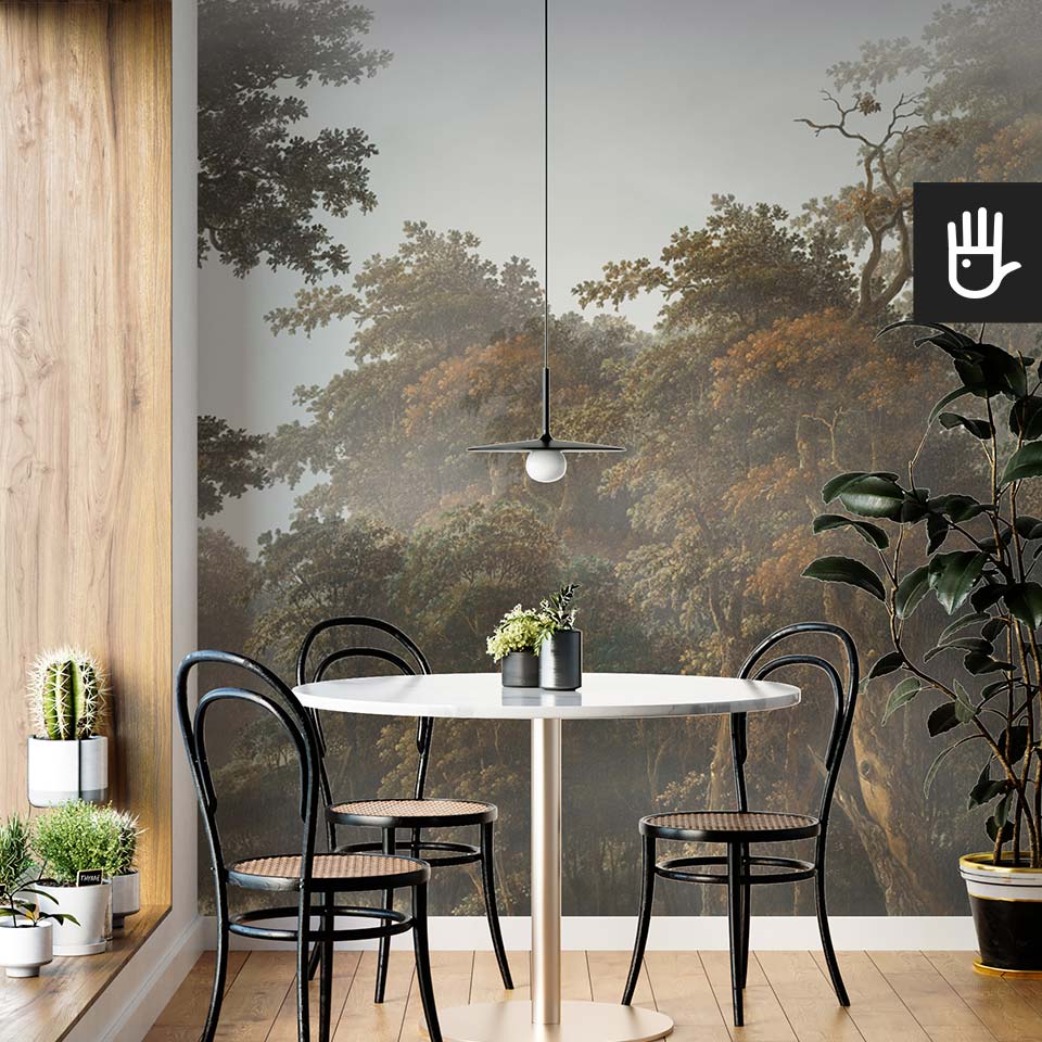 Wnętrze pokoju w stylu vintage ze stylową fototapetą nad mglistym lasem z motywem natury