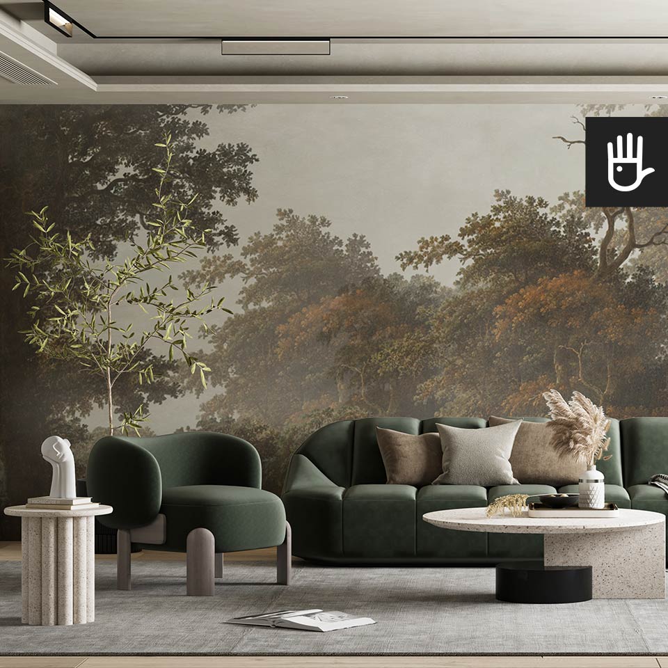 Fototapeta nad mglistym lasem w nastrojowym, nowoczesnym salonie z kanapą w kolorze butelkowej zieleni
