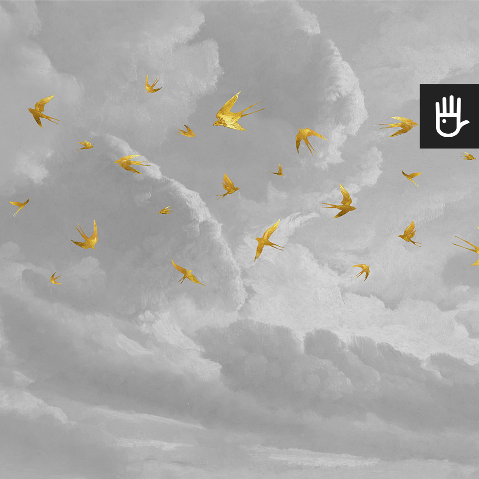 Fototapeta Złote jaskółki w śród szarych chmur z ptakami na niebie