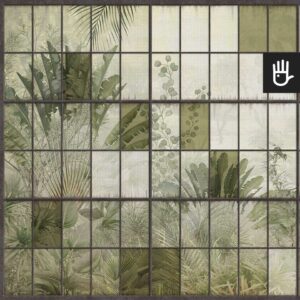 Fototapeta Palmiarnia z tropikalnymi roślinami i palmowymi liśćmi za ścianą szklanych okienek w stylu loftowym
