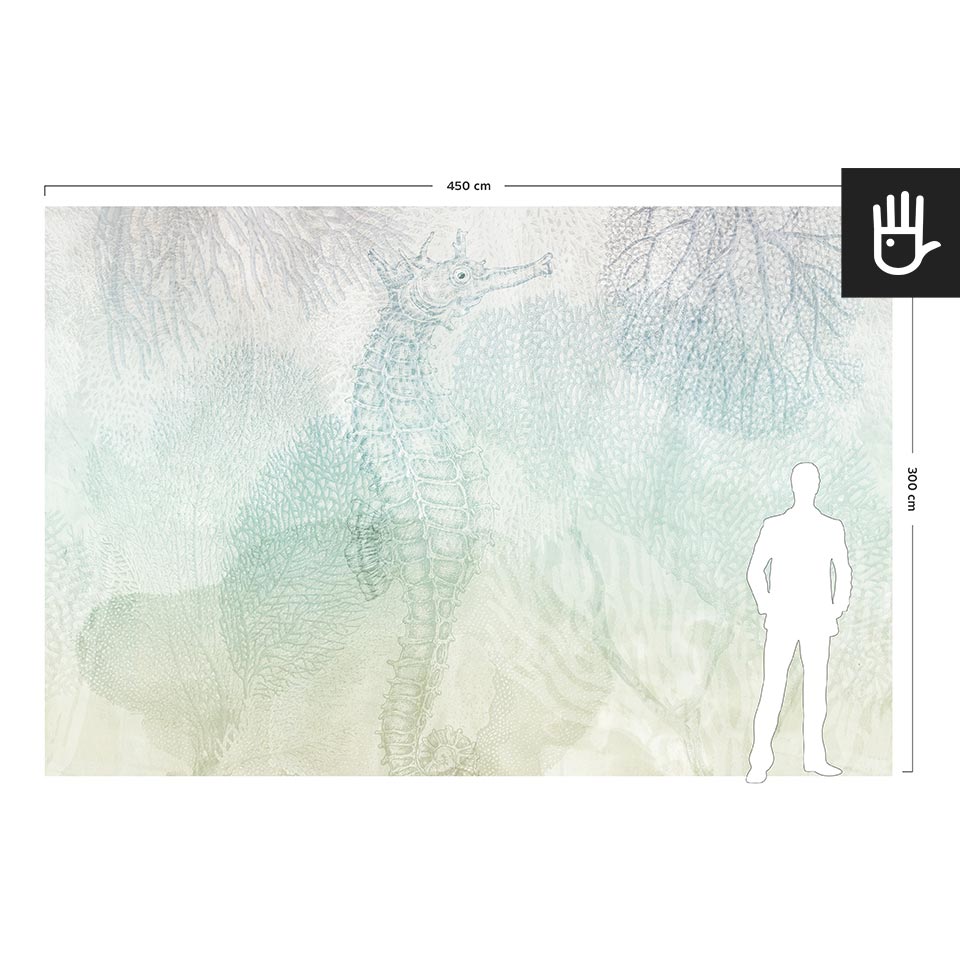 Wizualizacja skali fototapety ściennej Rafa koralowa - turkus w porównaniu do postaci dorosłego człowieka