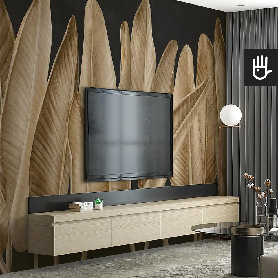 Fototapeta klasyczne złote liście na ścianie telewizyjnej z drewnianą szafką tv w stylu modern
