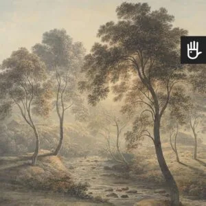 Fototapeta Szkocki krajobraz z drzewami nad strumieniem w kolorach ziemi, w odcieniach brązu i beżu