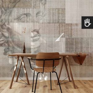 Fototapeta Apollo w ciepłych odcieniach beżu i brązu na ścianie domowego biura z drewnianym biurkiem, industrialnym fotelem i designerską lampą.