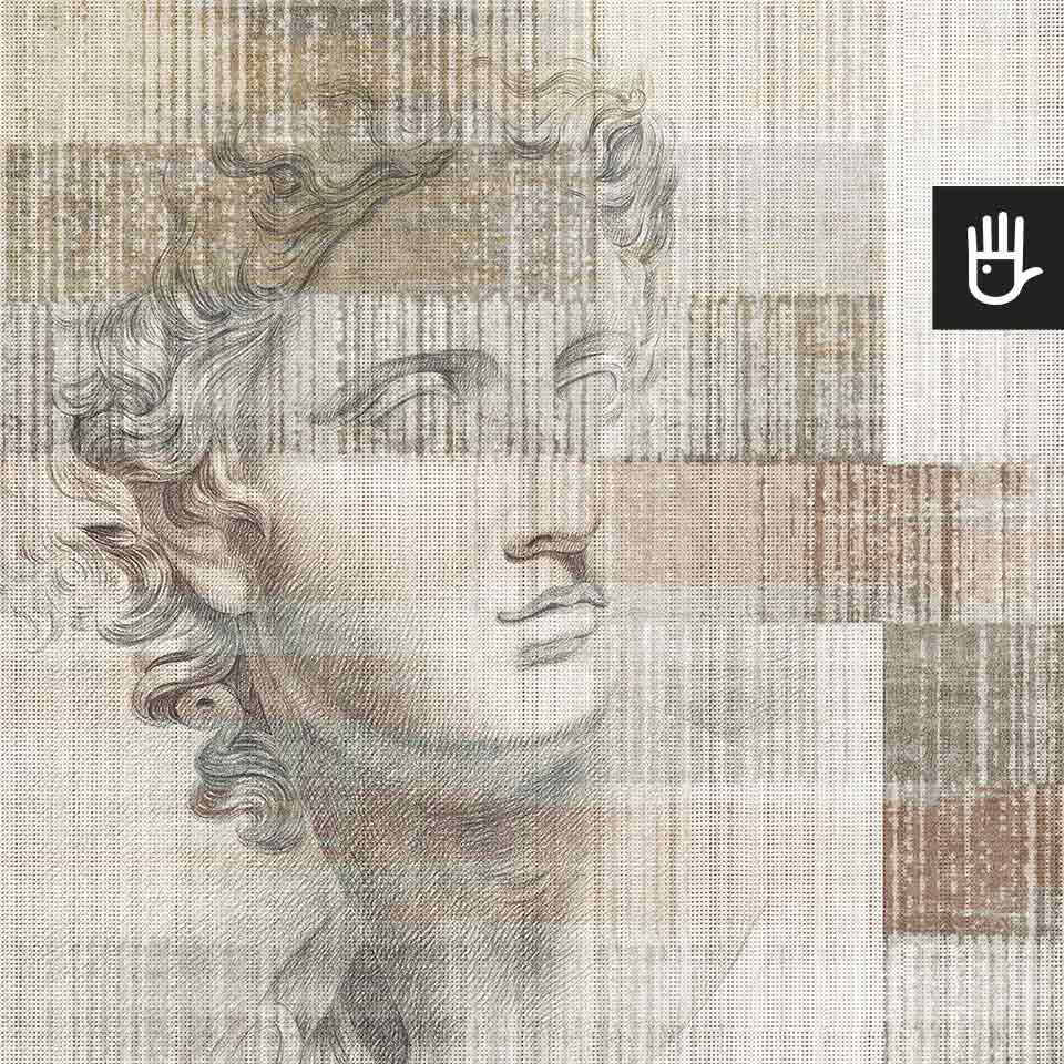 Fototapeta Apollo z narysowaną twarzą posągu rzymskiego boga na tle ściany z dywanowym deseniem w ciepłych kolorach w odcieniach beżu i brązu.