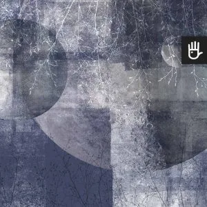 Fototapeta Granatowy księżyc z astronomicznym motywem księżyca i delikatnym akcentem natury w postaci gałązek, w odcieniach szarości, granatu, fioletu i koloru niebieskiego.