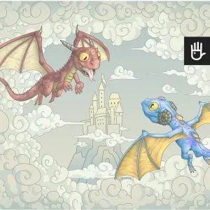 Fototapeta Smoki w jasnych kolorach z baśniową ilustracją z przyjaznymi, latającymi smokami na tle chmur i zamku księżniczki w pastelowych barwach.