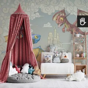 Fototapeta Smoki z baśniową ilustracją i zamkiem księżniczki w pastelowych kolorach na ścianie pokoju dziecięcego z różowym baldachimem dziewczynki i z przyjaznymi zabawkami.