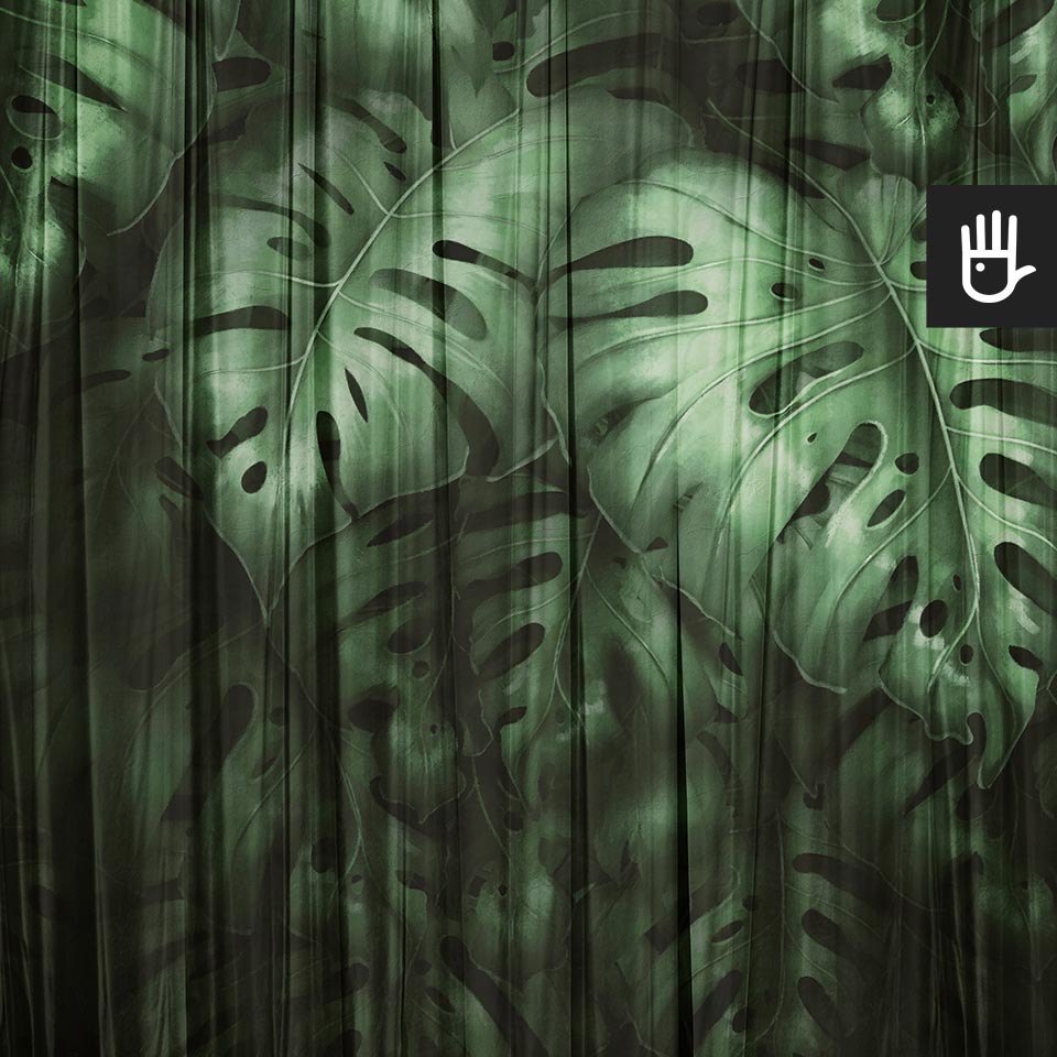 Fototapeta Monstera z dużymi tropikalnymi liśćmi w kolorze butelkowej zieleni za zasłoną w nowoczesnym stylu glamour