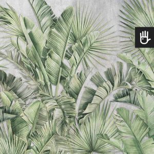Fototapeta Miejska dżungla z motywem tropikalnych, palmowych liści w kolorze zielonym w stylu urban jungle.
