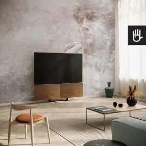 Fototapeta Dawid na ścianie telewizyjnej jako dekoracja z tynkiem strukturalnym w kolorze beżowym i szarym w nowoczesnej aranżacji w stylu wabi-sabi.