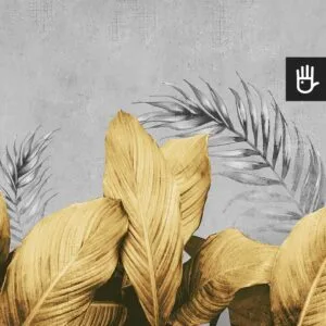 Fototapeta Złote Loftowe Liście z delikatnymi liśćmi w złotych odcieniach z dodatkiem szarych palm