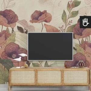 Drewniana szafka RTV z dekoracyjnymi wazonami i telewizorem na tle fototapety maki