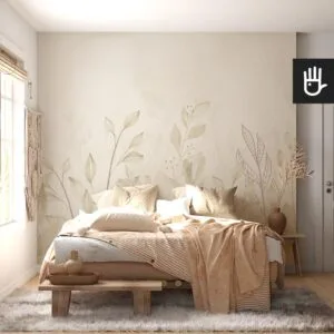 Przytulna sypialnia w stylu boho z wielkim miękkim łóżkiem na tle fototapety ogród jesienny