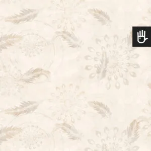 Tapeta boho utrzymana w jasnym odcieniu beżu z delikatnymi piórkami i geometrycznymi wzorami przypominającymi mandale.