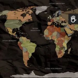 Fototapeta czarna mapa świata z zaznaczonym podziałem administracyjnym oraz oceanami i morzami