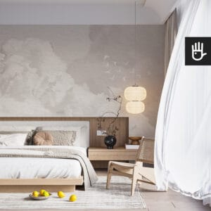 Przytulna sypialnia w stylu boho z dodatkami w naturalnych kolorach z dekoracyjną tapetą bajkowych obłoków w odcieniach beżu