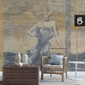 Salon w stylu marynistycznym z abstrakcyjną fototapetą w motywie morskim z dodatkiem złota