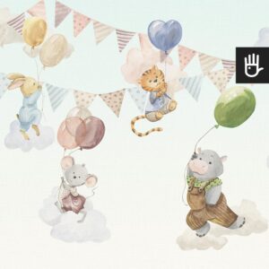 Fototapeta przyjęcie z balonami z wesołymi zwierzątkami trzymającymi kolorowe balony
