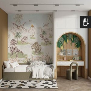Pokój dziecięcy urządzony w stylu tropikalnym, wzbogacony o dekoracje oraz rysunki dinozaurów z łóżkiem na tle fototapety świat dinozaurów.