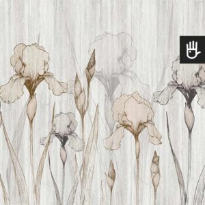 Fototapeta złote irysy z kwiatami i pąkami na betonowym tle w pionowe pasy