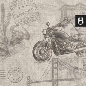 Fototapeta motocyklowe marzenie z rysunkowym motocyklem, symbolami stępli paszportwych i elementami nawiązującymi do kultury amerykańskiej