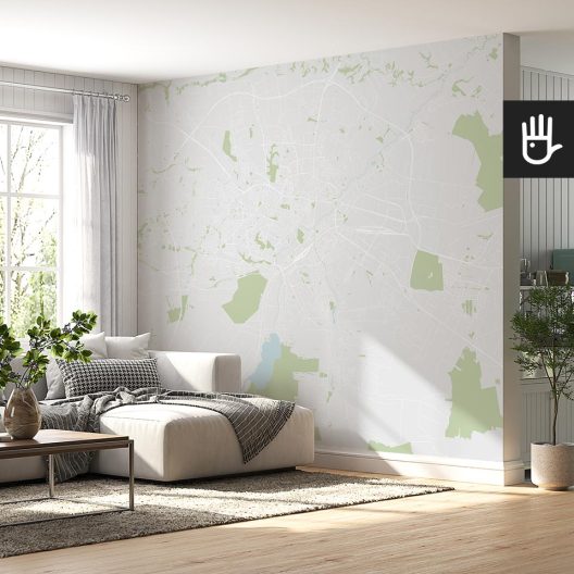 Fototapeta Mapa Lublina w kolorze w wersji uproszczonej w odcieniach szarości i zieleni na ścianie dekoracyjnej w salonie w stylu klasycznym z beżową kanapą.