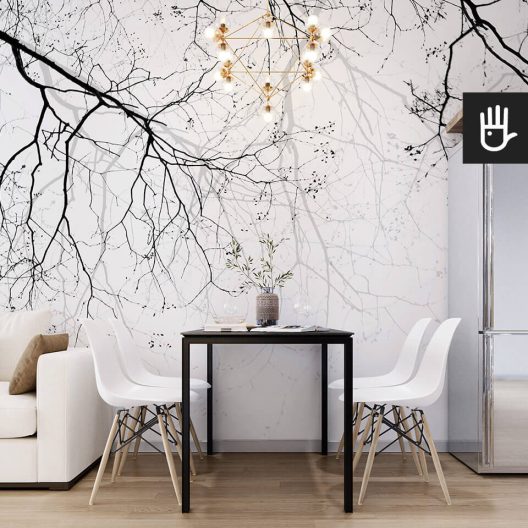 stylowa Jadalnia w salonie z białą tapetą ścienną w stylu las we mgle