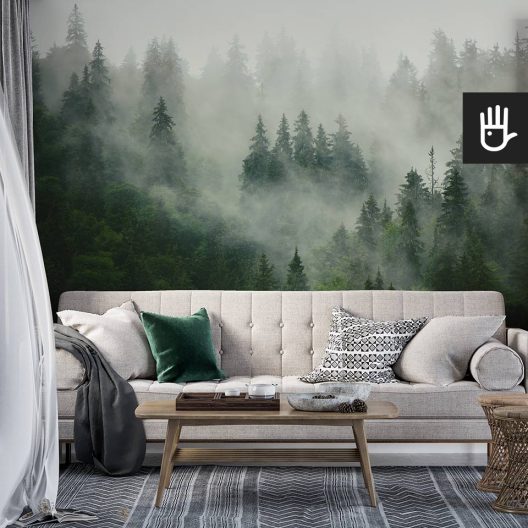 Przytulny salon z fototapetą las we mgle