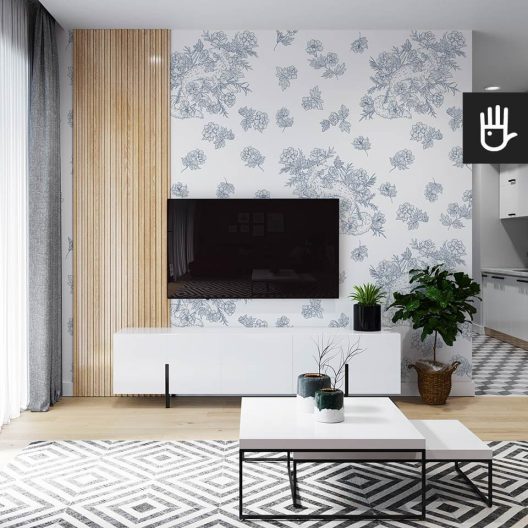 tapeta pies borzoi i piwonie w salonie telewizyjnym