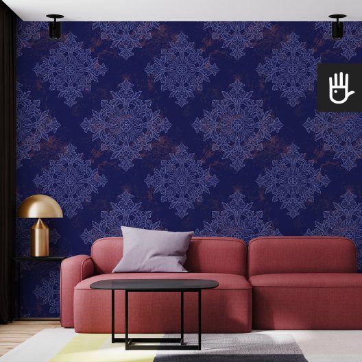 salon w stylu nowoczesnym z tapetą niebieski Wiedeń z niebieskim wzorem na granatowym tle
